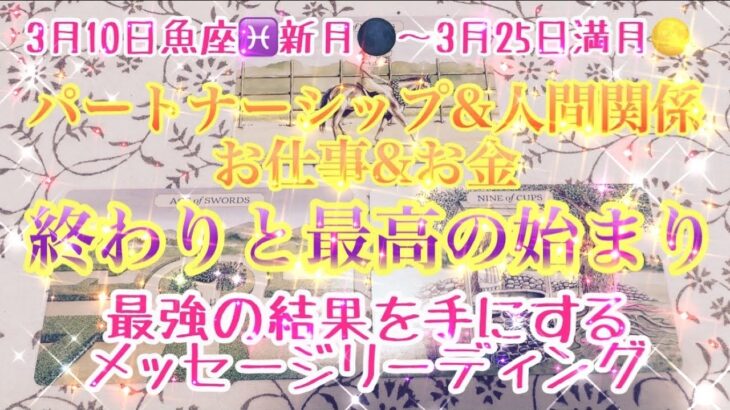 【🌑新月🌚】3月10日魚座♓︎新月〜3月25日満月🌕までのパートナーシップ♡人間関係、お仕事💰お金をテーマに終わりの最高の始まりのタロットカードリーディング😻最強の結果を手にするメッセージ✨