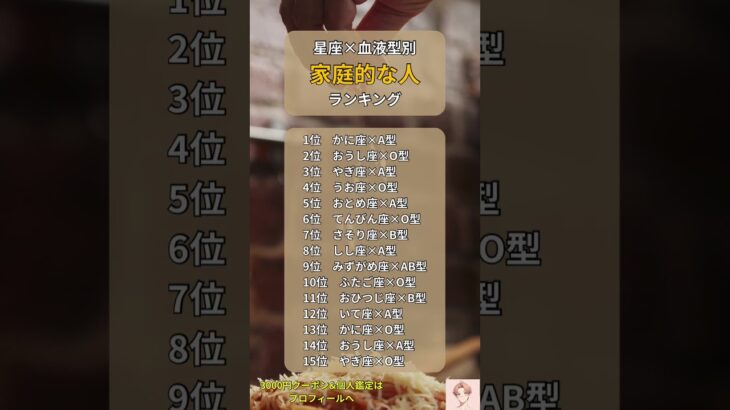 星座×血液型「家庭的な人」TOP30 #shorts #星座占い #血液型占い #家庭的 #ランキング#astrology #占い #恋愛#zodiac#zodiacsigns #horoscope